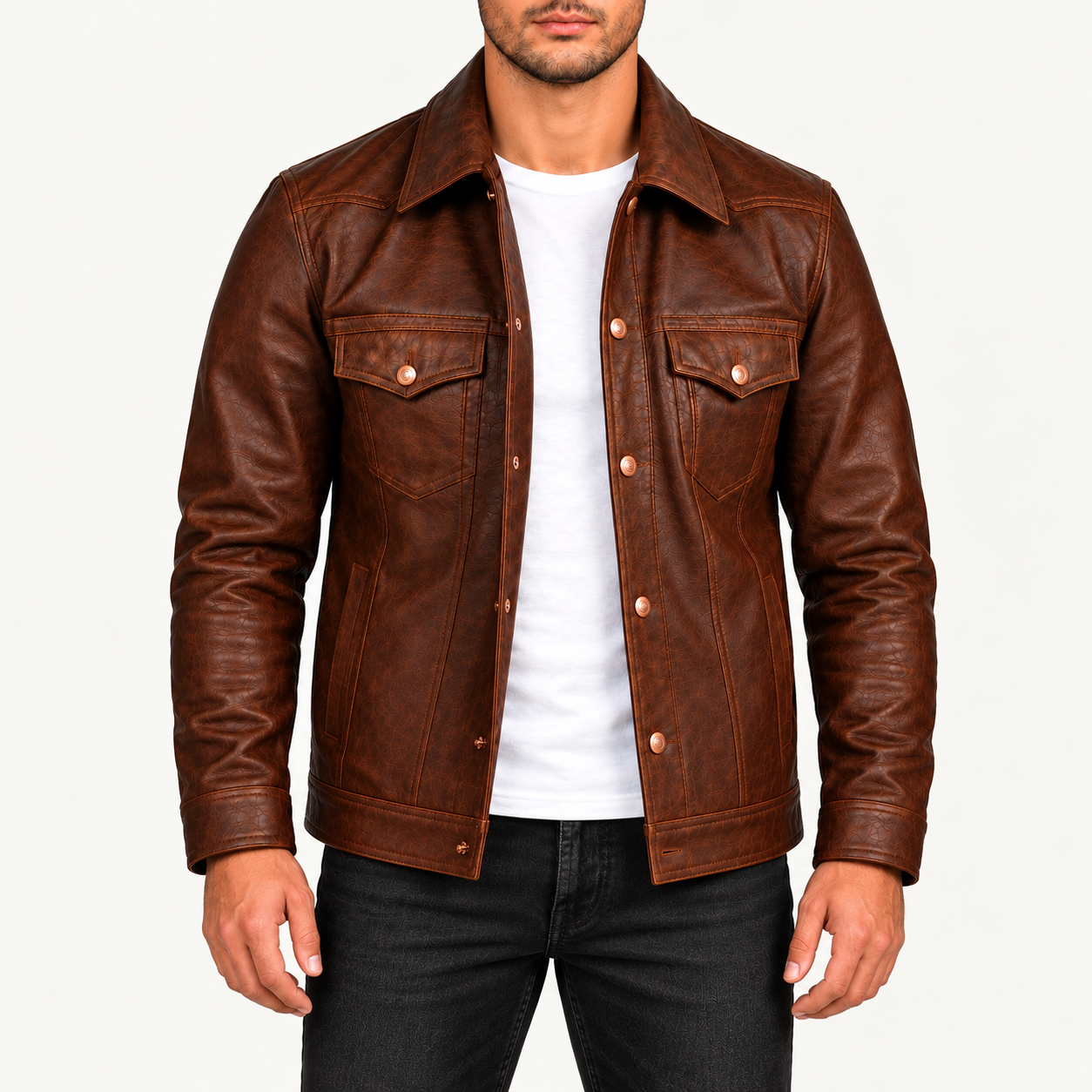 Men's Vintage Brown Leather Trucker Jacket – Classic Button-Front Design Gallery